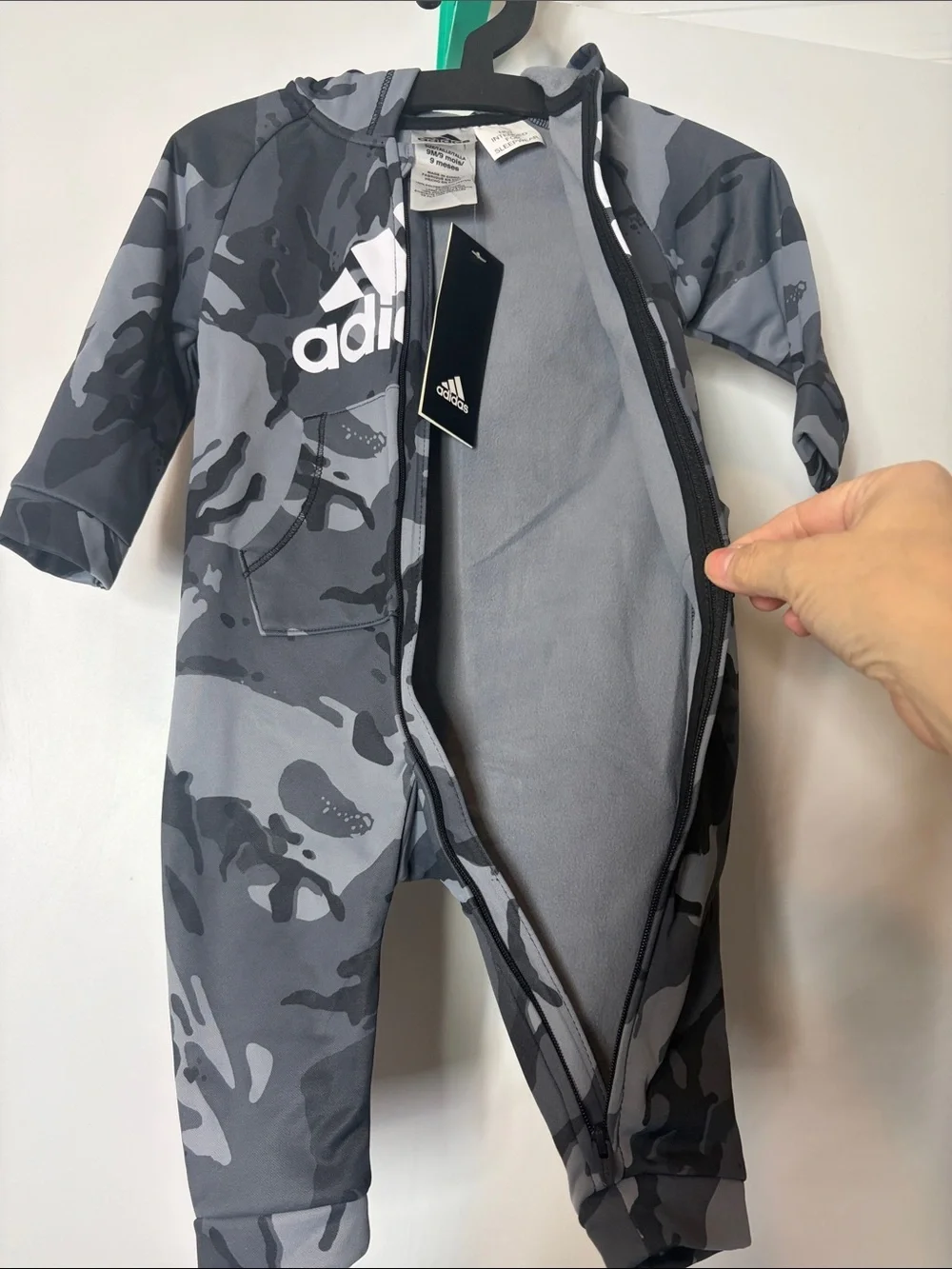 adidas Gray & Black Camo Zip-Up One-Piece Bodysuit 9m. nwt